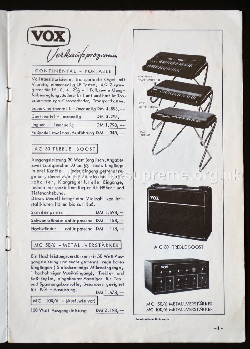 JMI German catalogue, 1967, The Continental Organ; AC30 Top Boost; and the metalclad PA50 and PA100 public address amplifiers.