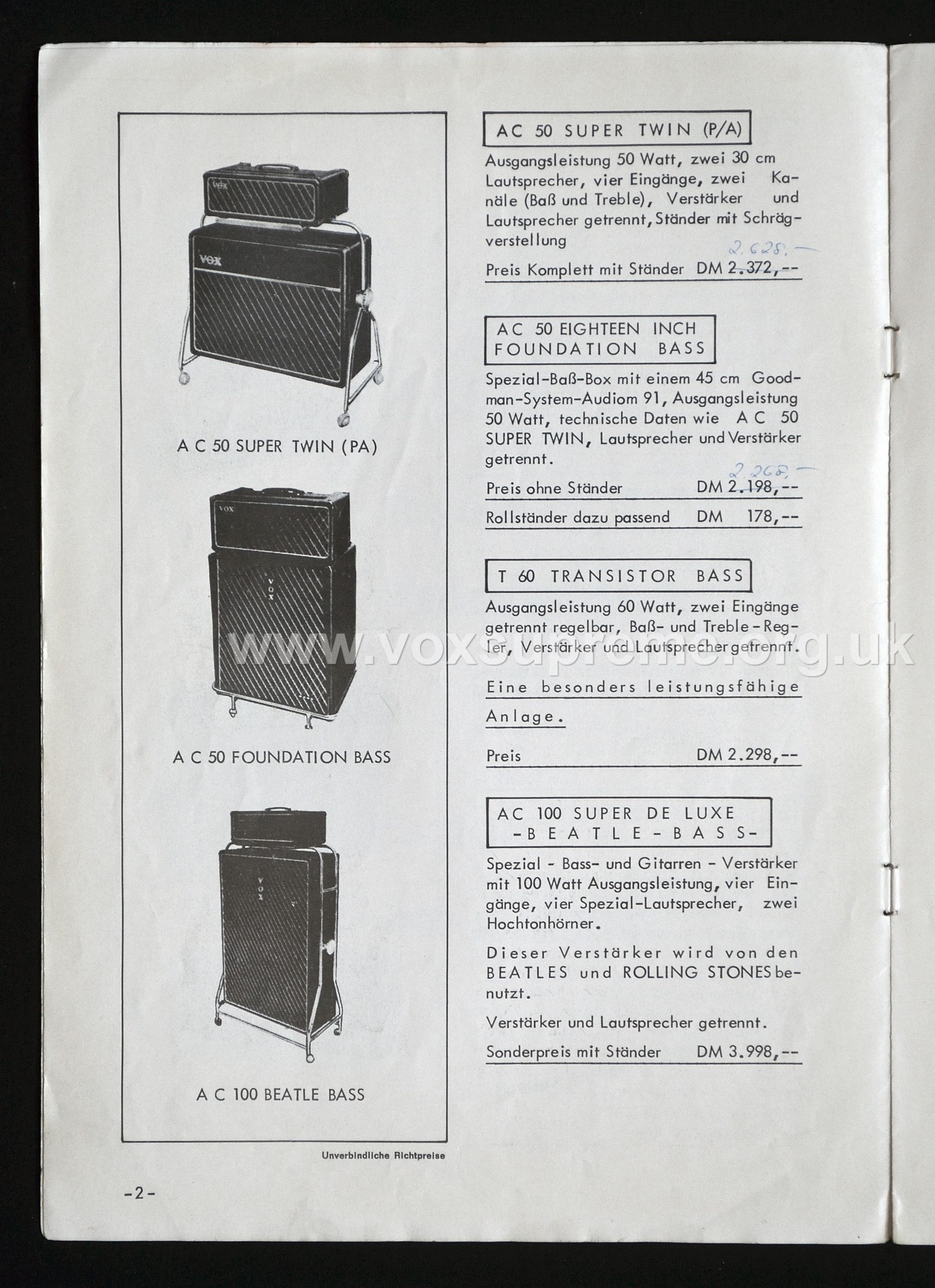 JMI German catalogue, 1967, The AC50 Super Twin; AC50 Foundation Bass; T60 Bass; and the AC100 SDL.