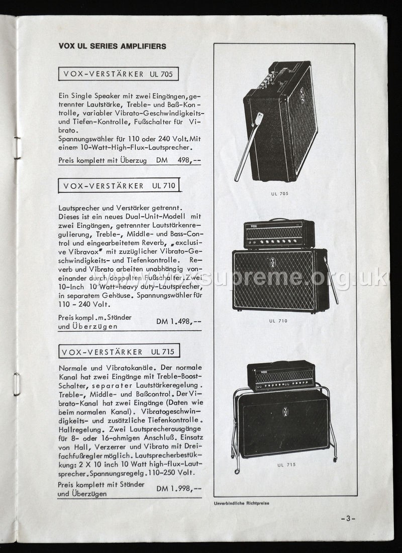 JMI German catalogue, 1967, The UL705; UL710; and UL730 hybrid amplifiers - solid state preamps, valve power amps.