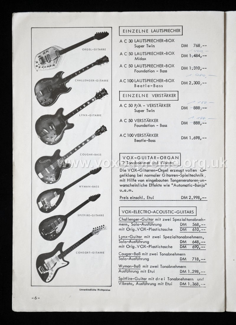 Prices for separate amplifier sections and speaker cabinets.  The Vox Guitar-Organ.  Vox Guitars (1).