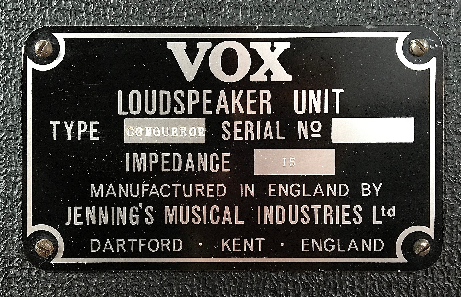 Vox Conqueror speaker cabinet, rear panel ID plate