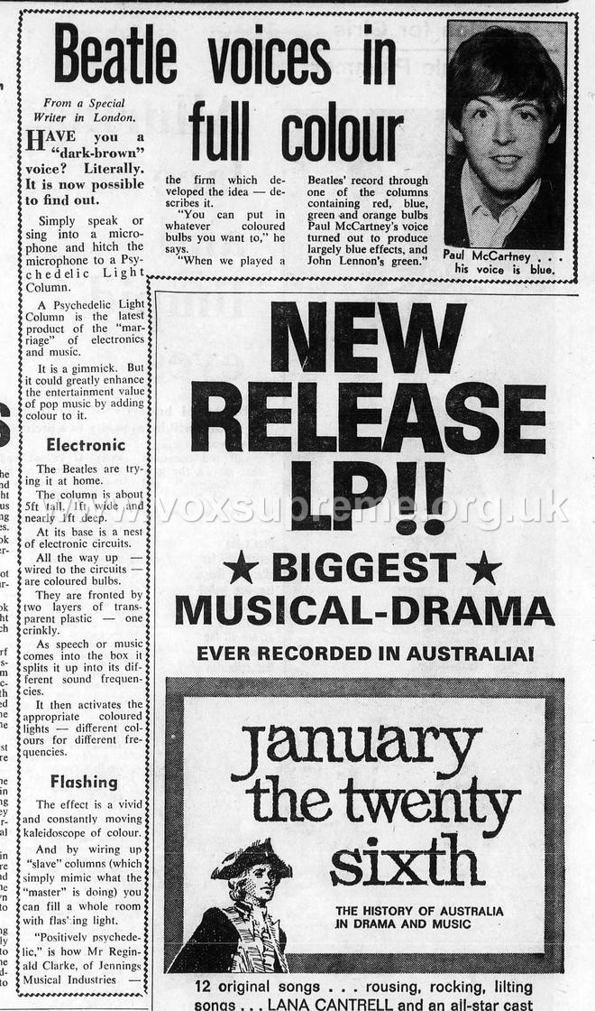 Beatles and Vox, Sydney Morning Herald, 3rd December, 1967