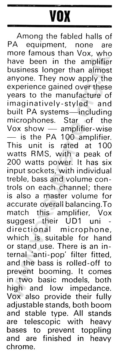 Beat Instrumental magazine, January 1970, note on Vox PA equipment