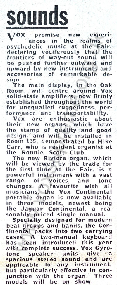 Melody Maker magazine, 19th August 1967, Vox at the AMII Trade Fair