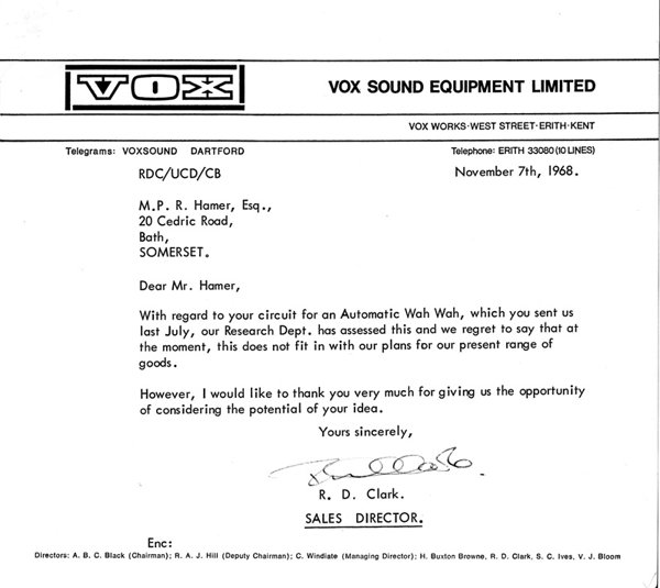 Vox Sound Equipment Ltd, letter, November 1968