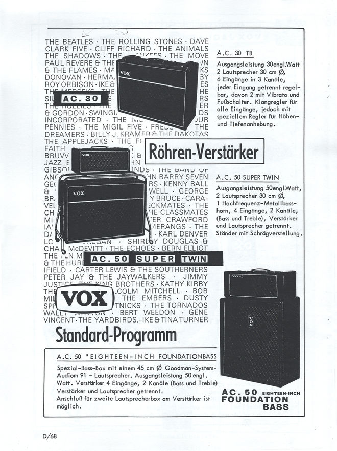 JMI german catalogue, 1968, The AC30 Top Boost and AC50 for guitar and bass - the AC50 Super Twin and AC50 Foundation Bass