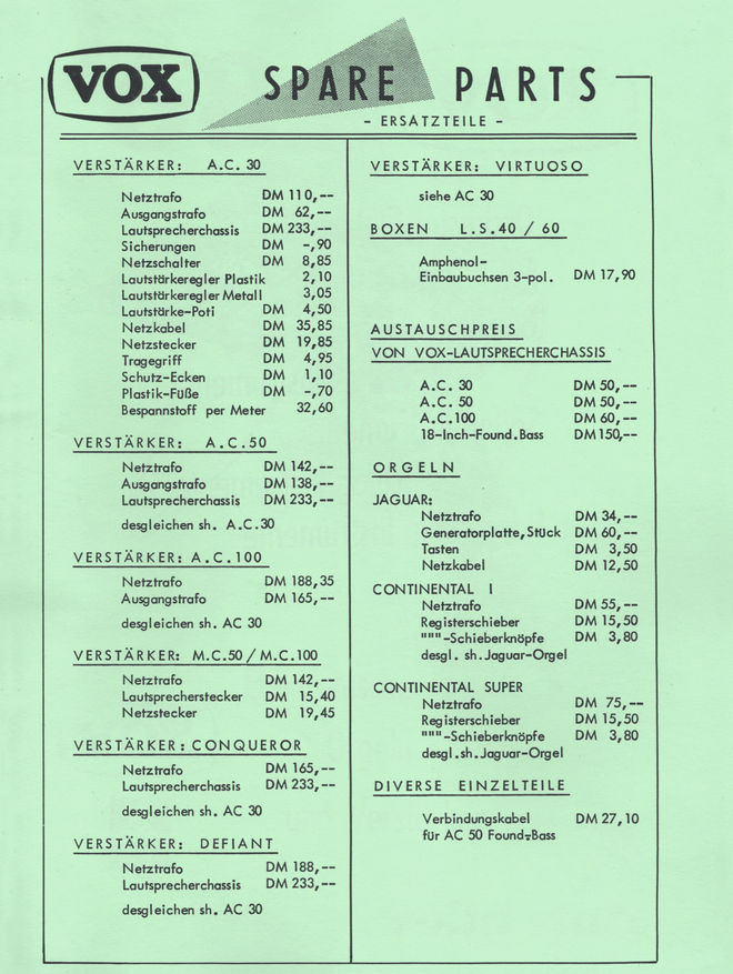JMI german catalogue, 1968, Vox spare parts and prices