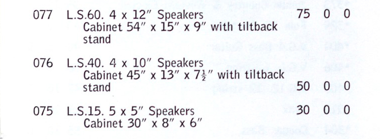 Vox Sound Equipment Limited LS40 Line Source column speaker cabinets, pricelist, February 1969