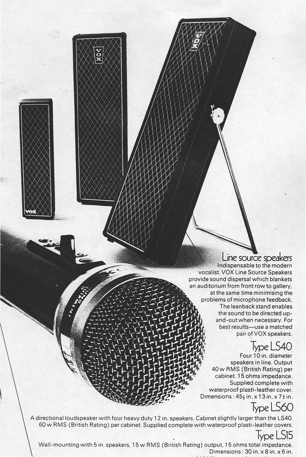 Vox Sound Equipment Limited Line Source column speaker cabinets, brochure, February 1969