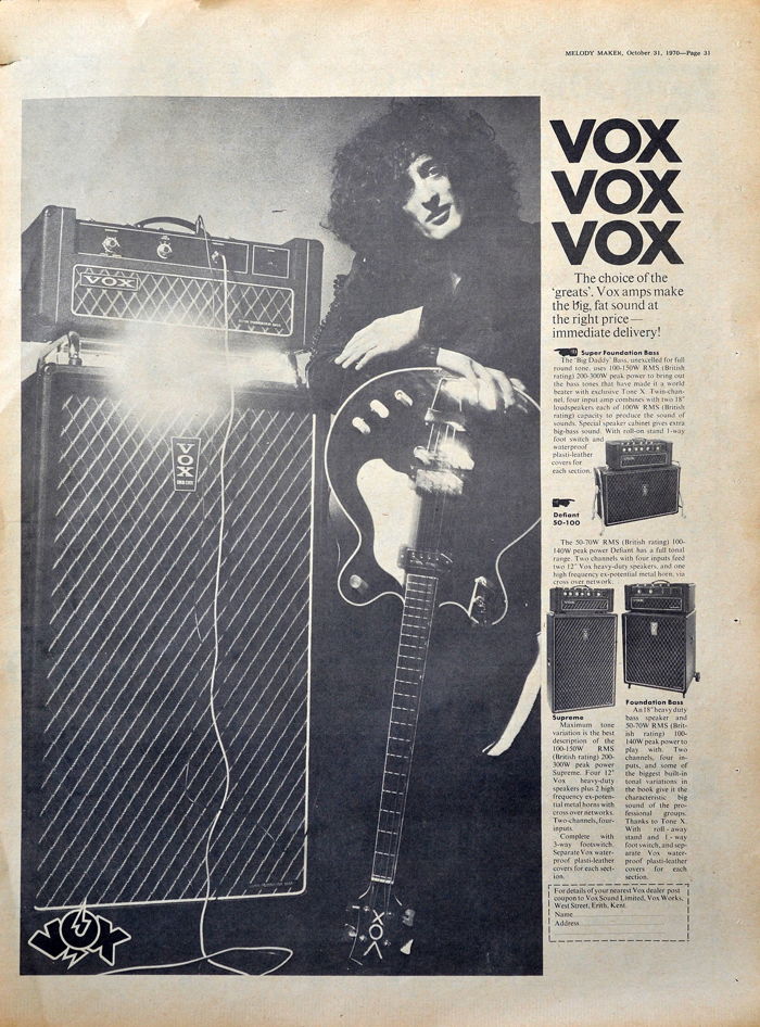 Vox Sound Limited advert in Melody Maker, October 1970