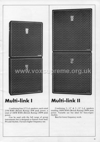 Vox Sound Limited catalogue, August 1970, Vox Multi Link speaker cabinets