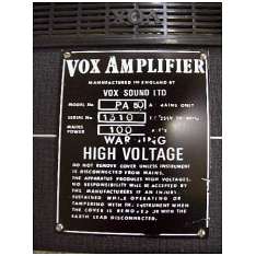 Vox PA50SS, Vox Sound Ltd, serial number plate