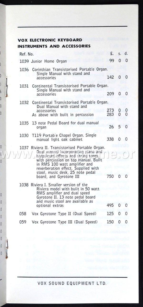 Vox Sound Equipment Limited pricelist, February 1969, page 5