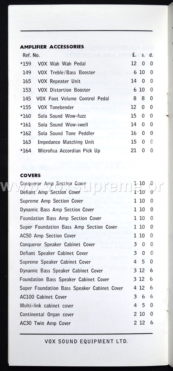 Vox Sound Equipment Limited pricelist, February 1969, page 6