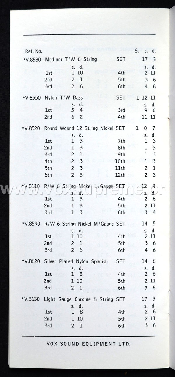 Vox Sound Equipment Limited pricelist, February 1969, page 8