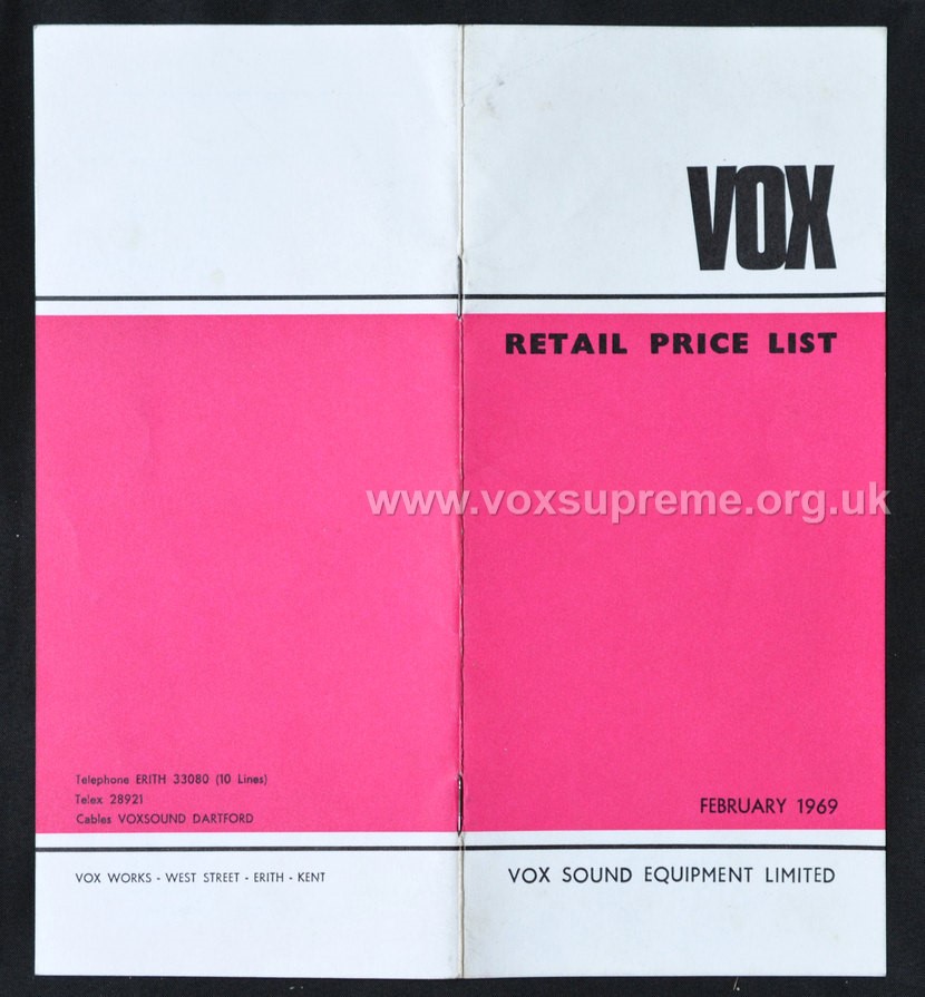 Vox Sound Equipment Limited pricelist, February 1969, front and rear covers