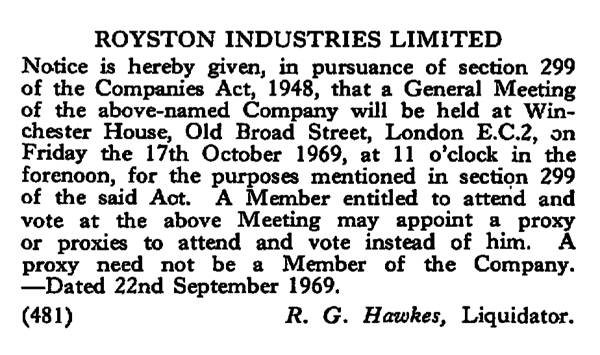Royston Industries liquidation, London Gazette, 10 October 1969