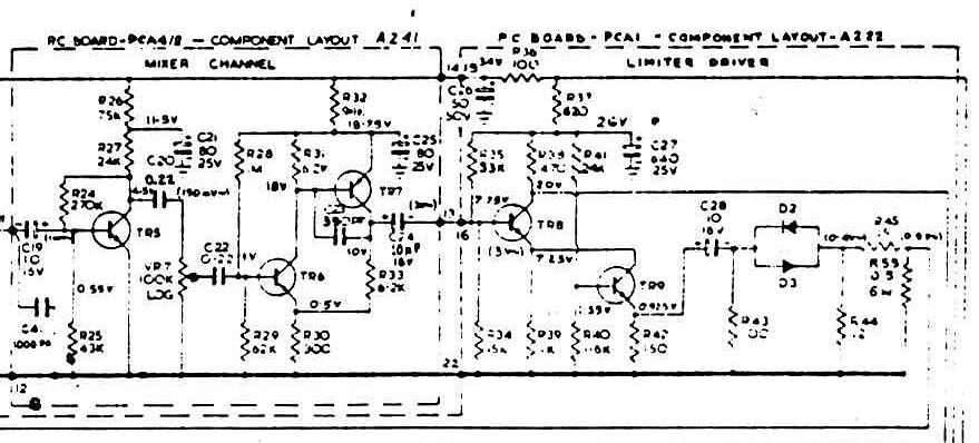 Vox Sound Equipment Ltd schematic for the Vox SS PA50, mixer and limiter boards