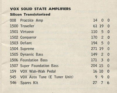 Vox Virtuoso in the Vox pricelist of April 1967