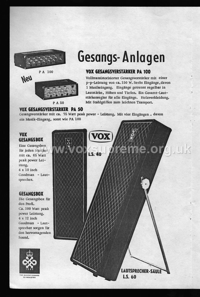 VSEL German catalogue, 1969, Vox PA50 and PA100 public address amplifiers; the LS40 and LS60 column speakers