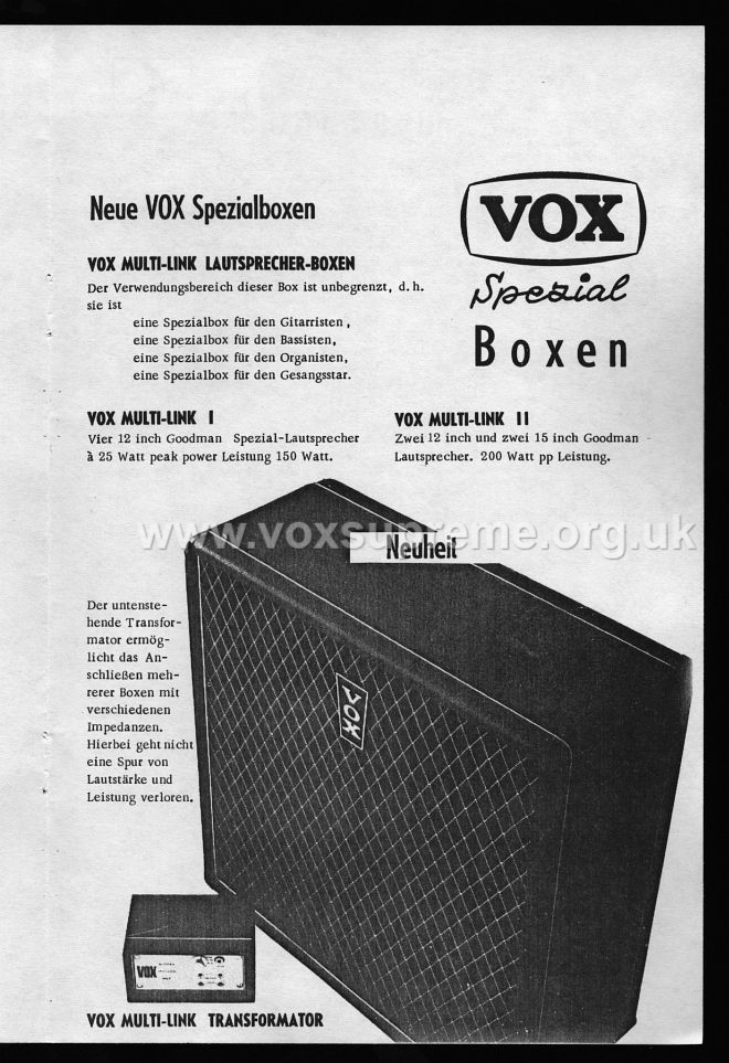 VSEL German catalogue, 1969,Vox Multi-Link speaker cabinets, and the Multi-Link transformer 