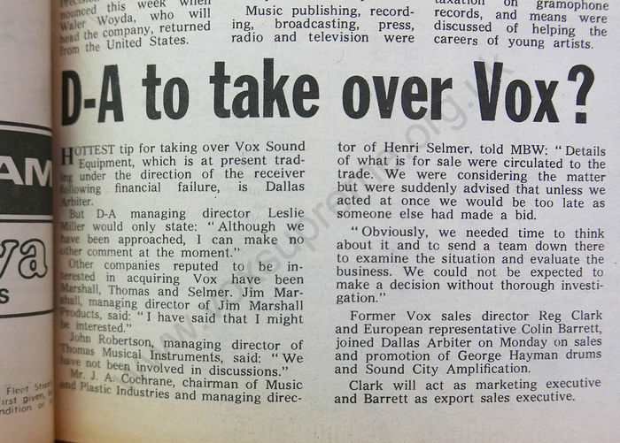 Music Business Weekly, 24th January, 1970, the end of Vox Sound Equipment Limited