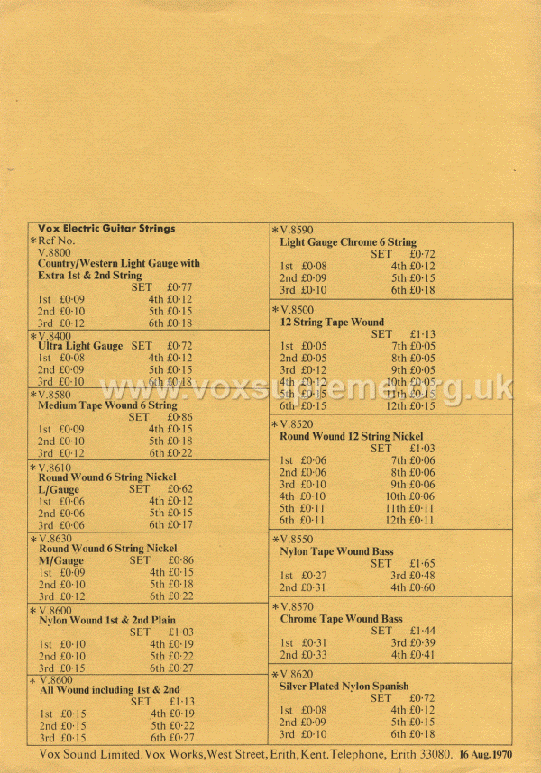 Vox Sound Limited pricelist, August 1970, page 4
